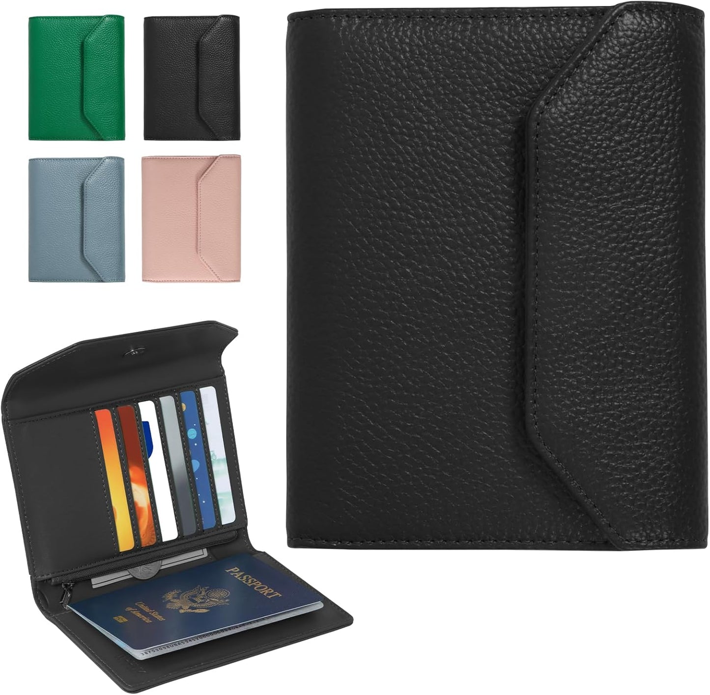 Leather Passport Holder for Travel,Passport Book Holder，Rfid Blocking Travel Wallet Protect Your Card Security, Travel Document Organizer for Men Women,Airport Essentials Gift (Black)