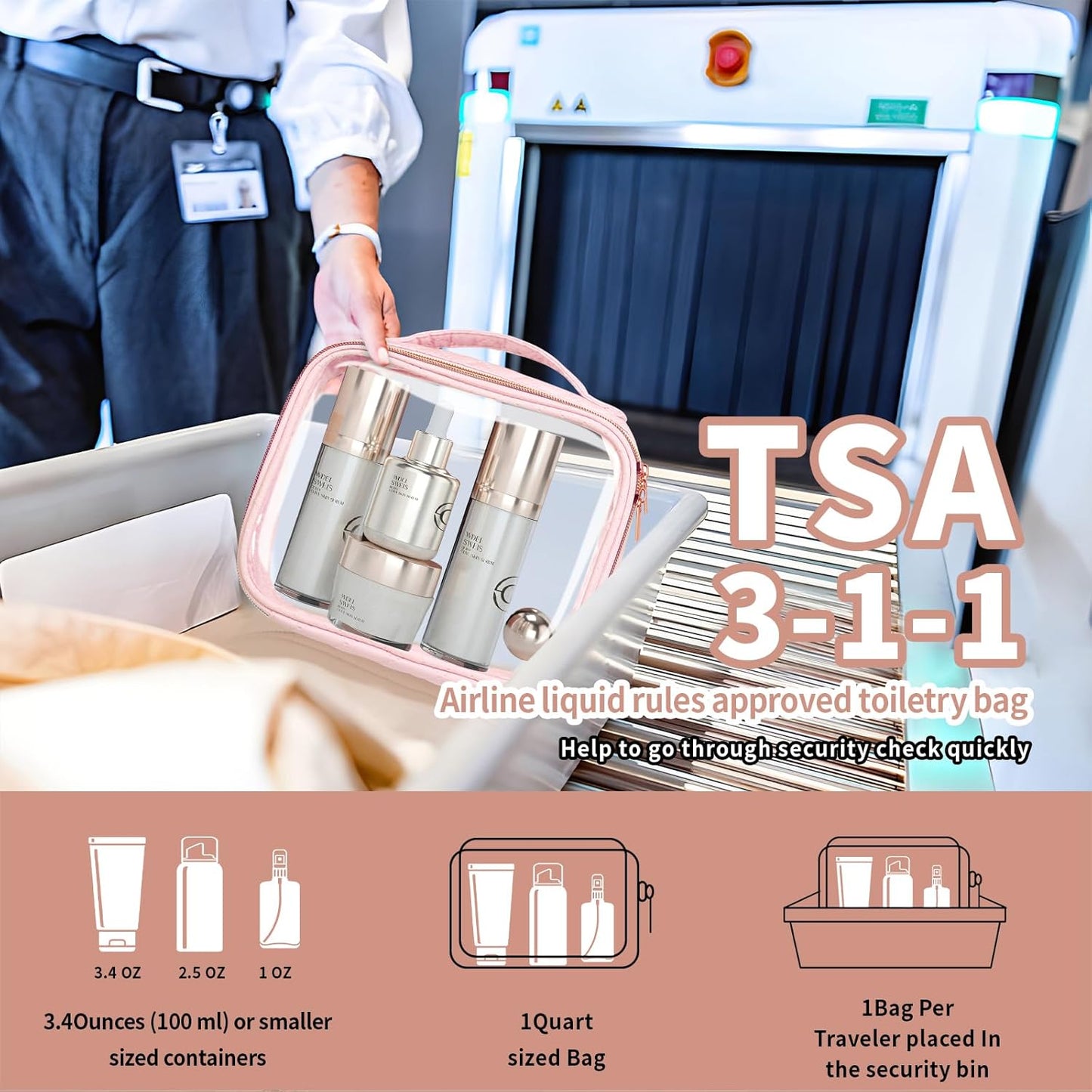 TSA Approved Travel Toiletry Bag,2 Pack Clear Makeup Bags with Handles,Quart Size Clear Cosmetic Bags for Traveling Women,Men,Carry on Airport Airline Compliant Bag,Pink