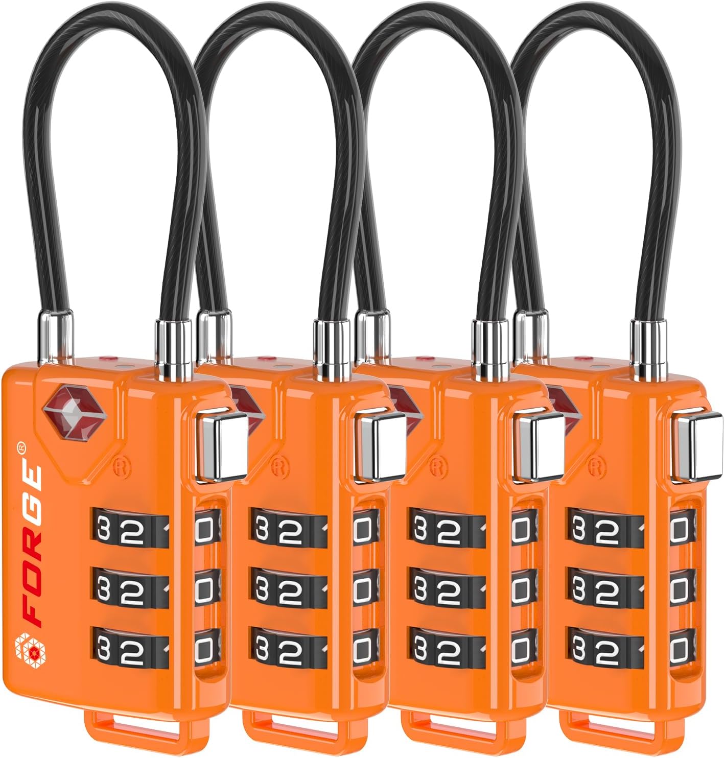 TSA Approved Cable Luggage Locks, Re-settable Combination with Alloy Body, Orange 4 Locks.