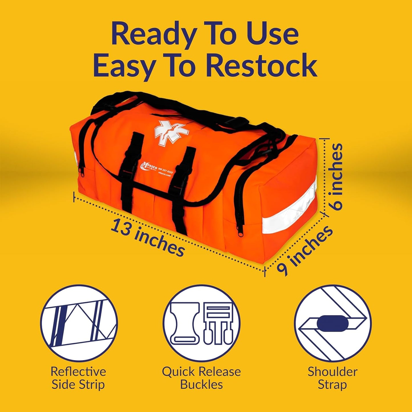 MFASCO First Aid Kit - Fully Stocked Portable Reflective Bag - First Responder Emergency Response Kit - for Natural Disaster Preparedness - Customizable Storage - Includes 415 Pcs First Aid Supplies