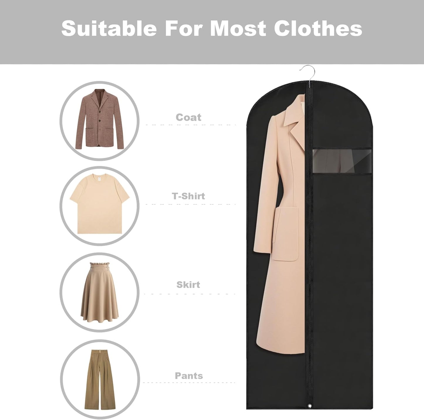 Dress Bags for Gowns Long, 60'' Garment Bags for Hanging Clothes, Suit Bag Cover for Storage and Travel, 2 Pack (Black)