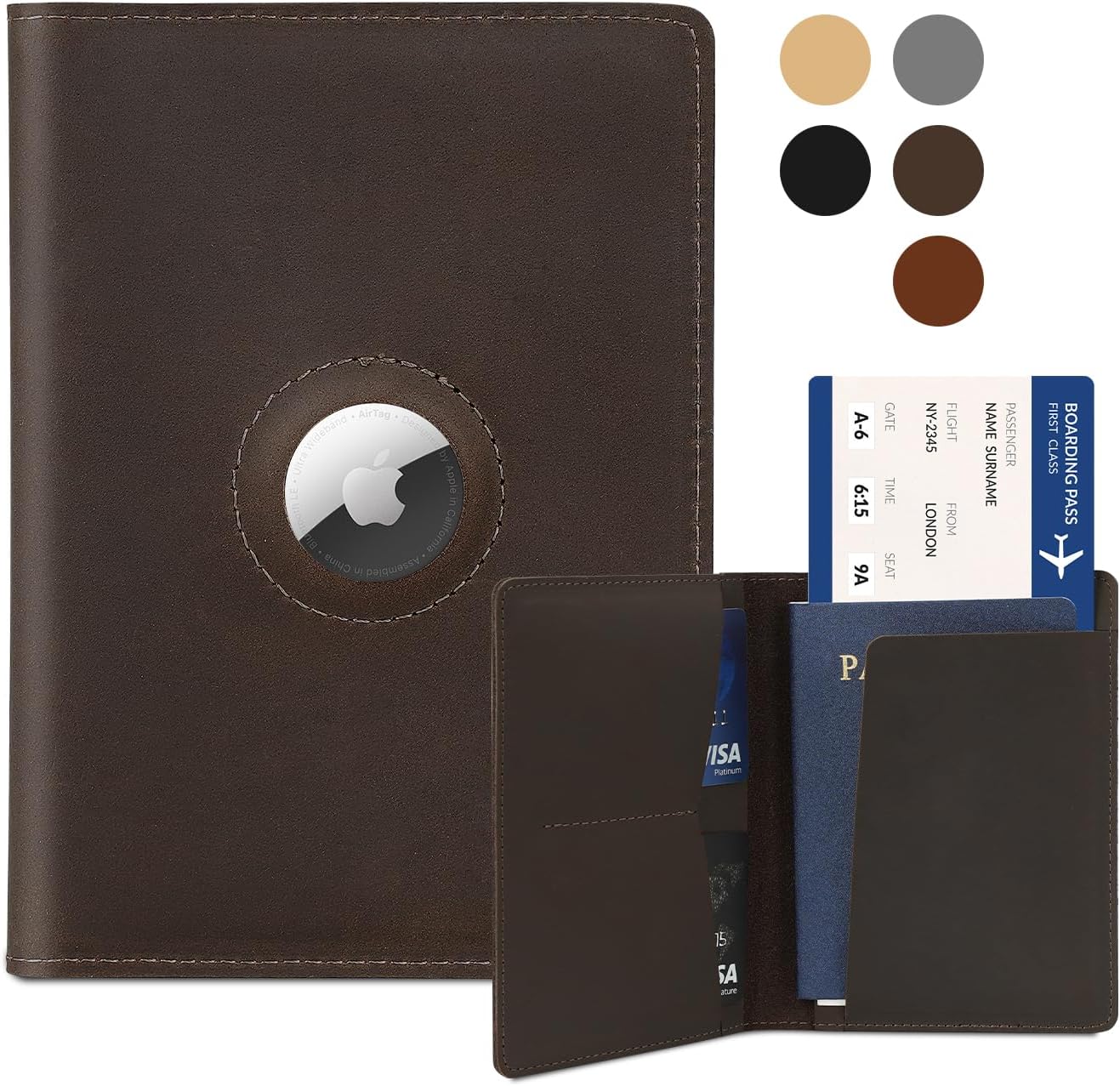 Airtag Passport Holder for Men and Women Travel, Real Leather Passport Wallet, Handmade Passport Cover Case with Airtag Slot, Travel Must Haves Essentials Accessories Birthday Gift(Crazy Horse,Coffee)
