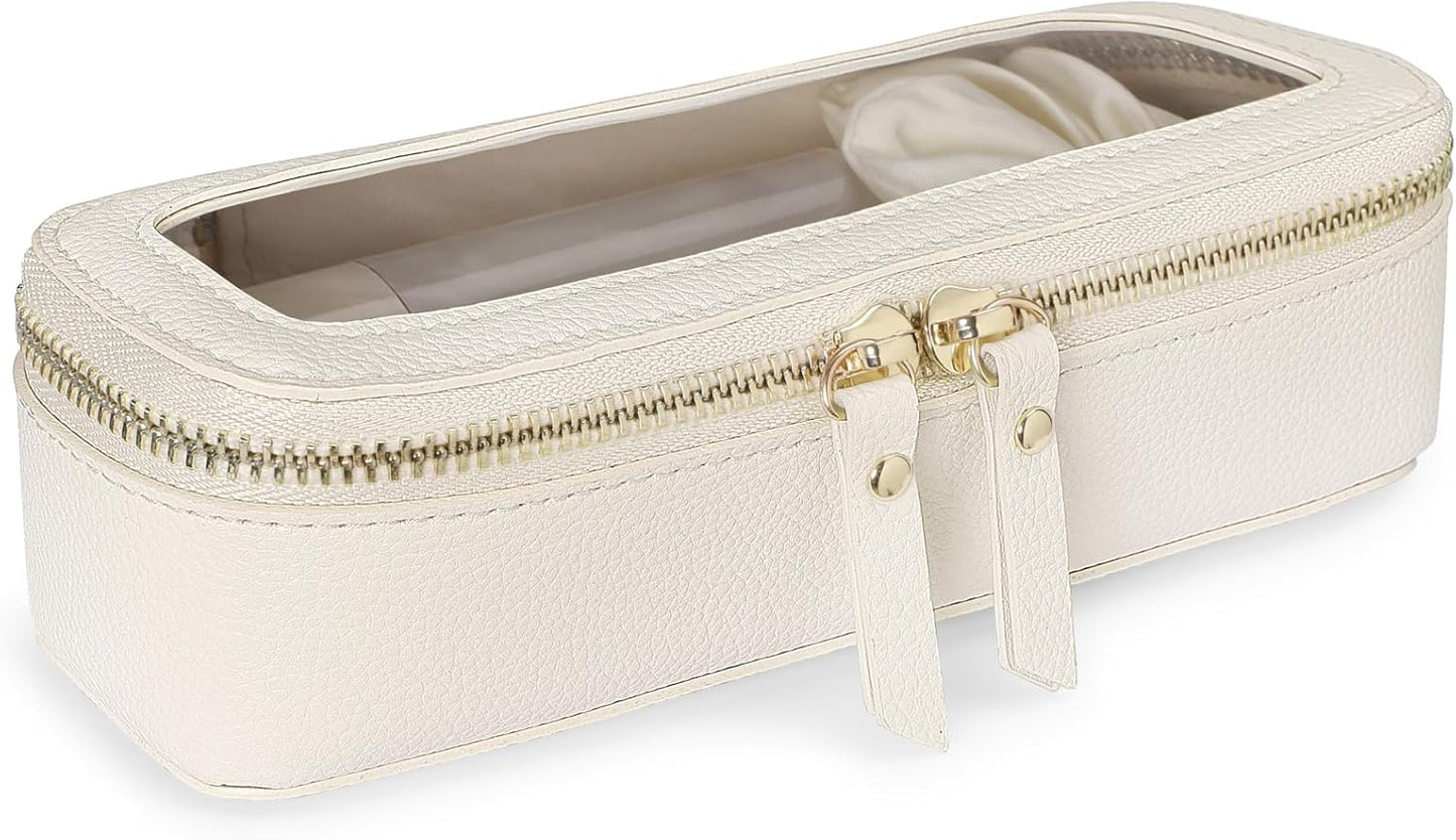 PACKISM Slim Clear Makeup Brush Bag, Pebbled Texture & Hard PU Leather Small Cosmetic Brush Holder, Mini Toiletry Bag Make up Bags with Message Card, Cute Travel Essentials Bag (Cream)