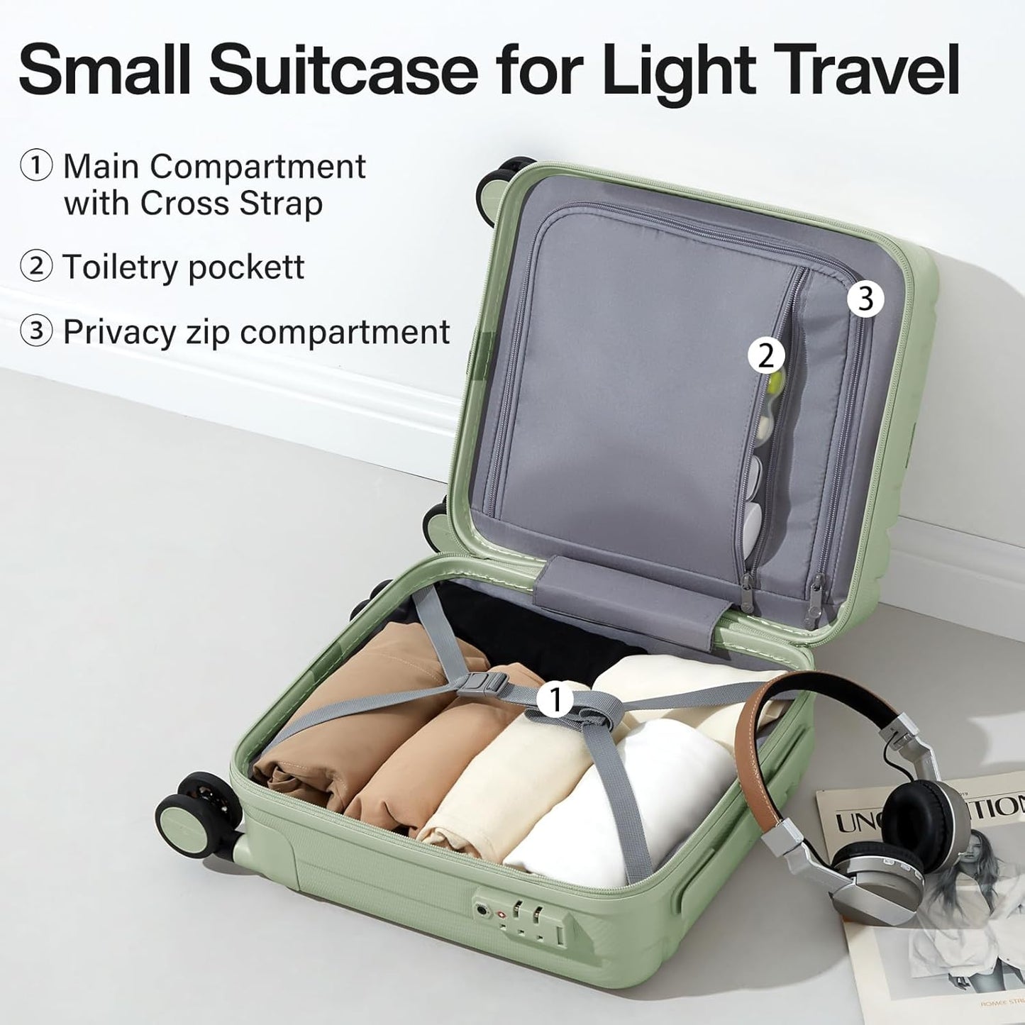 Hanke 14 Inch Underseat Carry On Luggage with Wheels Hard Shell Suitcases Carry On Bag Lightweight Small Mini Suitcase Travel Luggage for Travel（Bamboo Green）