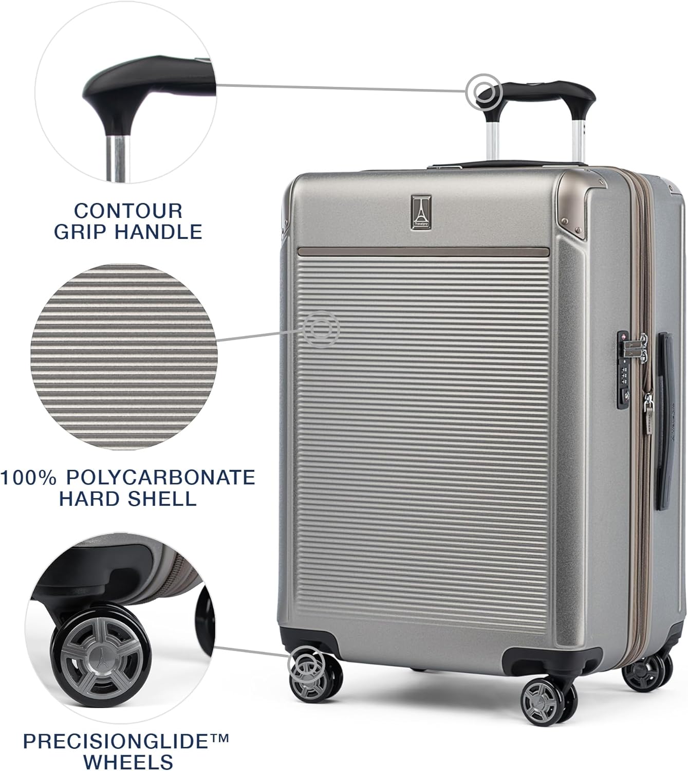 Travelpro Platinum Elite Hardside Expandable Checked Luggage, 8 Wheel Spinner, TSA Lock, Hard Shell Polycarbonate Suitcase, Metallic Sand, Checked Medium 25-Inch