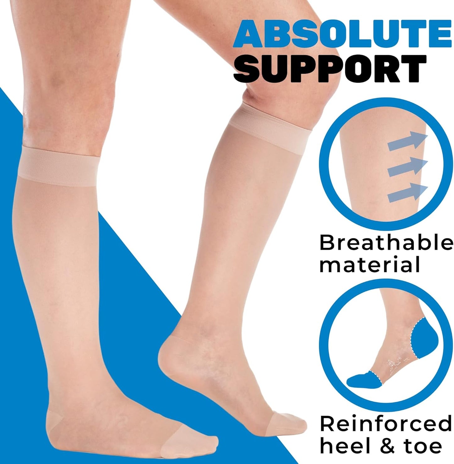 (3 Pairs - Closed Toe) Made in USA - Sheer Compression Socks for Women 15-20mmHg - Compression Stockings for Varicose Veins Circulation, Thrombosis, Embolism - Natural, Medium - A101NA2-3