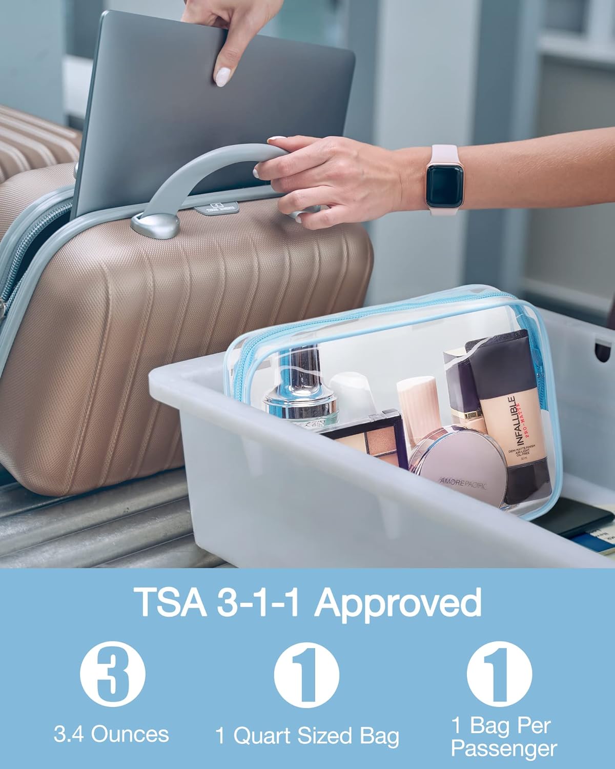 BAGSMART Clear Toiletry Bag, 3 Pack TSA Approved Travel Toiletry bag Carry on Travel Accessories Bag Airport Airline Quart Size Bags Water Repellent Makeup Cosmetic Bag for Women (Blue-3pcs)