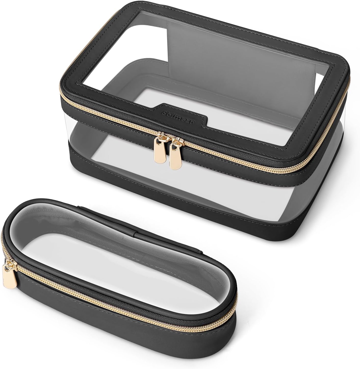 Travel Clear Makeup Bag with Makeup Brush Bag, Leather Makeup Case Toiletry Bag, Portable Cosmetic Bag Case, Transparent Waterproof Cosmetic Organizer Storage Bag for Women, Medium, Black