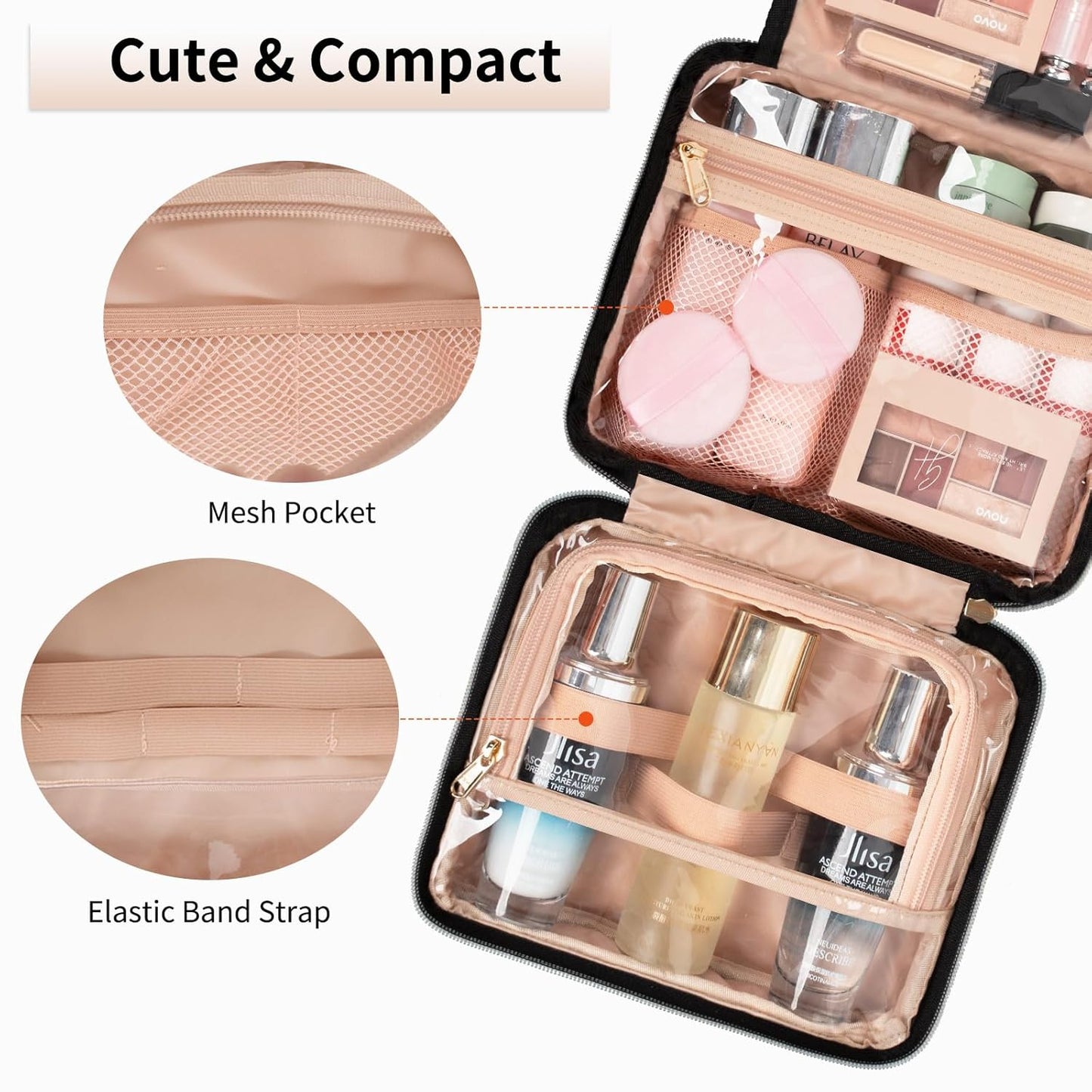 CUBETASTIC Hanging Travel Toiletry Bag, Portable Makeup Organizer for Women Men, 3 Compartment Cute Cosmetic Case Water-resistant Small Travel Bag for Toiletries, Black