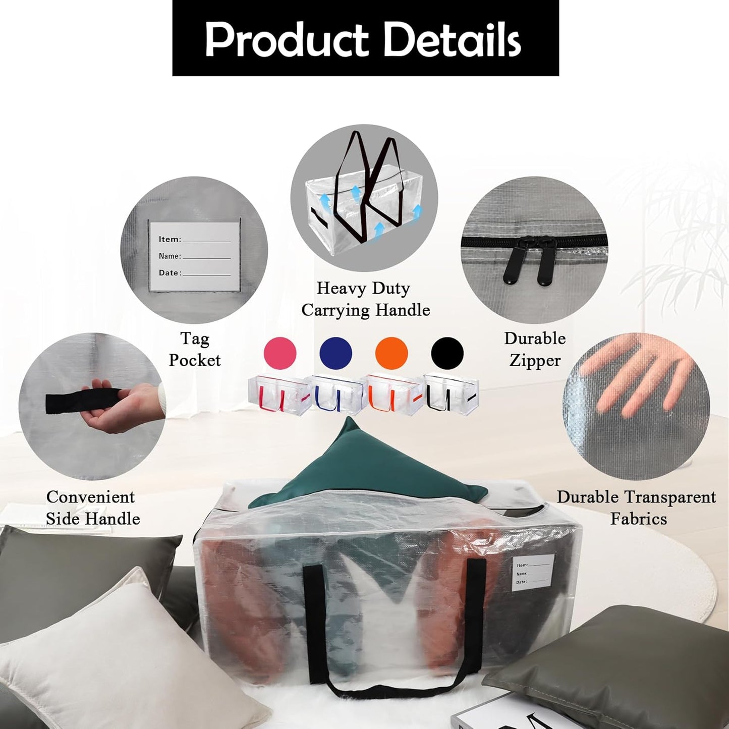 8 Pack Heavy Duty Extra Large Moving Bags with Multicolor Handles, Waterproof Foldable Storage Totes, Clothing Storage Bags, Packing Moving Boxes for College Supplies & Seasonal Storage, Clear