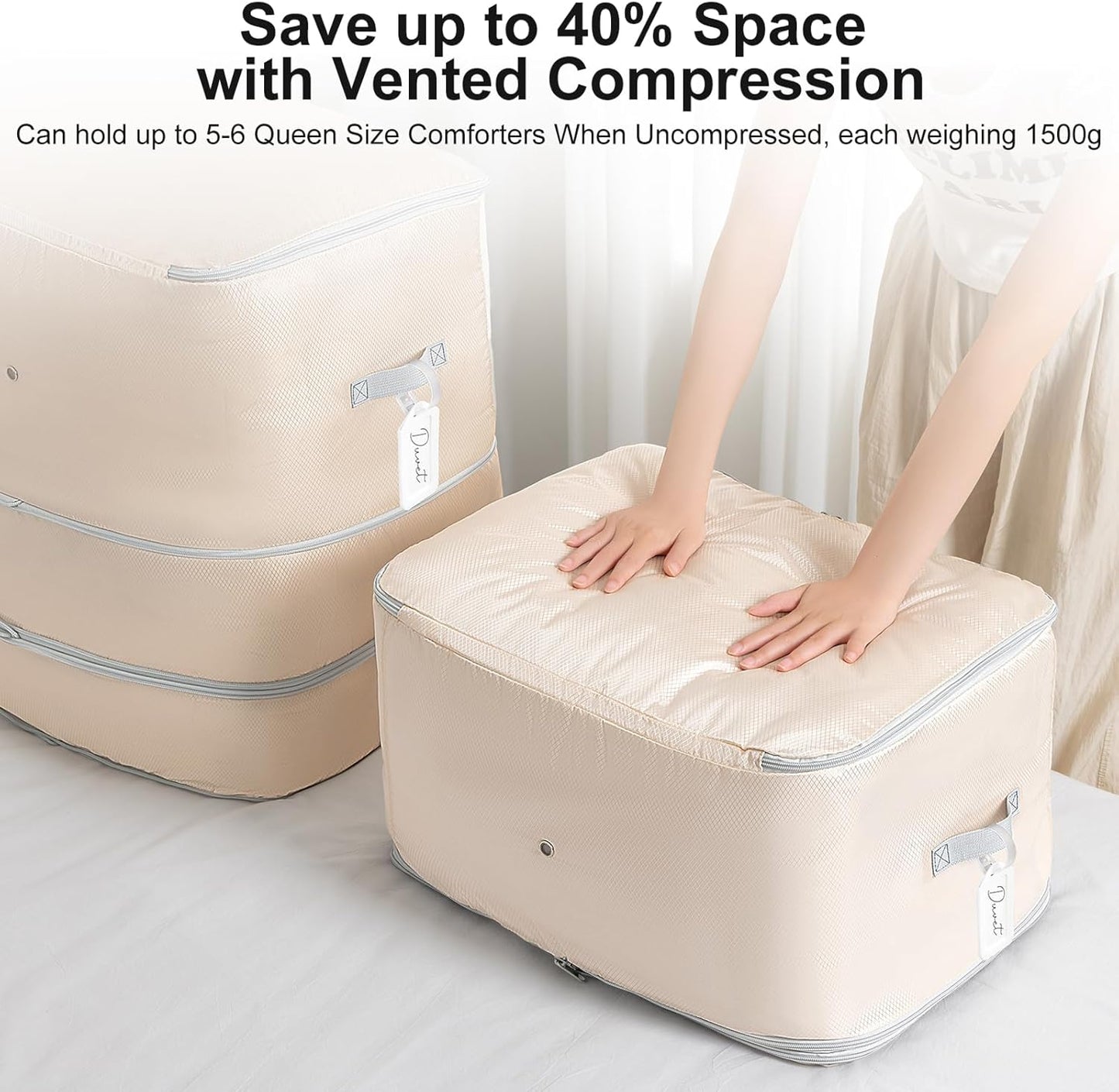 Comforter Storage Bag - 130L Large Capacity Blanket Storage Bags 3-Layer Ultra Space Saving Self Compression Organizer, Washable Compression Bags for Storage Comforter Blanket, 4-Pack, Beige