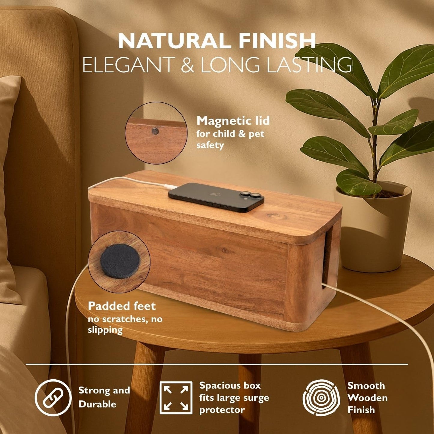 Large Cable Management Box - Acacia Wood - Cable Organizer Box and Power Strip Box for Electrical Cord Management - Hide Desk Cord and Floor Cables - Wire Storage and Organization for Cords