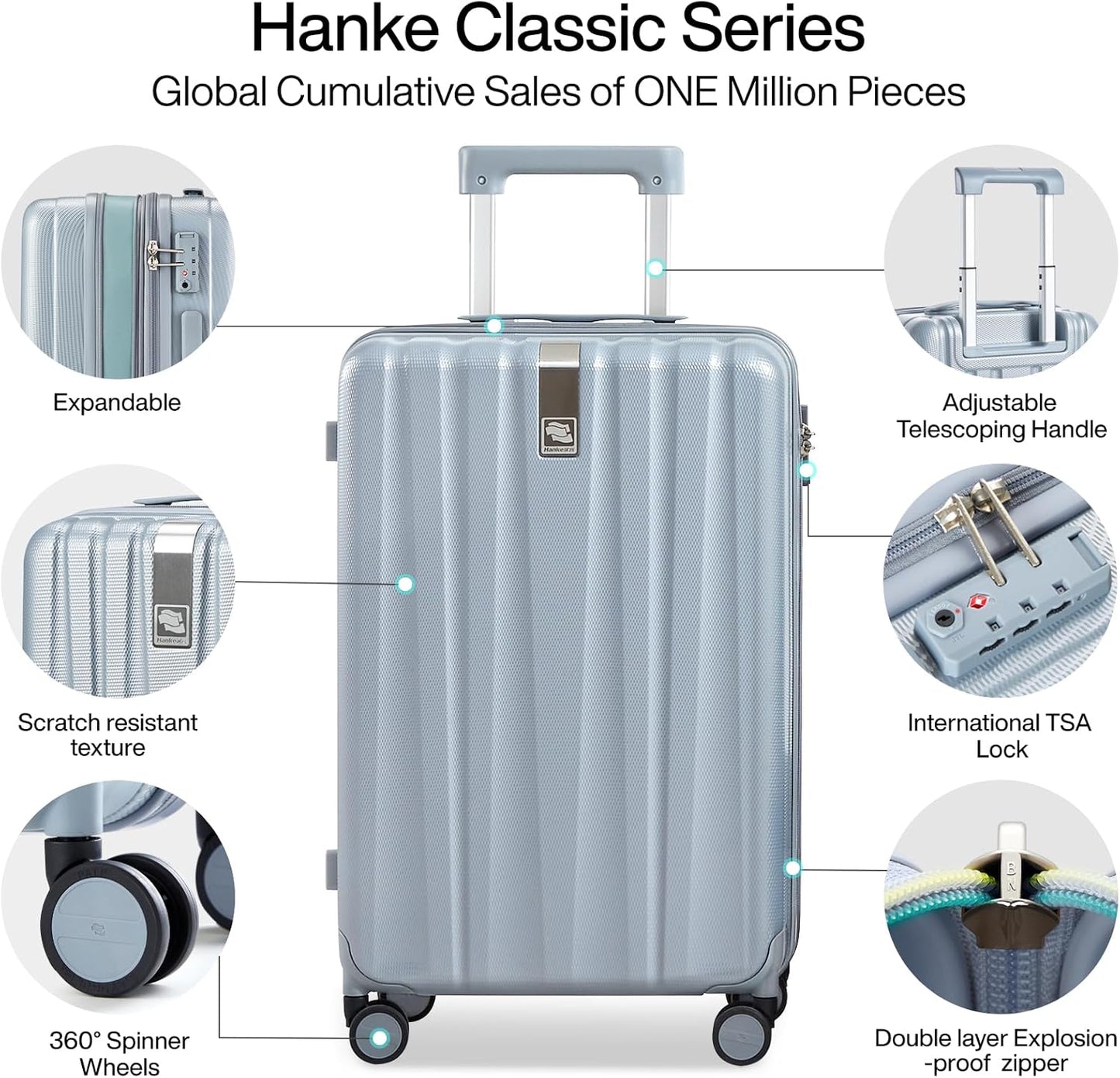 Hanke 24 Inch Expandable Checked Luggage Lightweight PC Hard Shell Luggage Suitcases with Wheels Travel Luggage Rolling Large Suitcase Travel Luggage Bag for Go to University.(Gray)