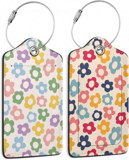 2 Pack Luggage Tag for Suitcase, Vintage Groovy Flower Leather Bag Tags Identifiers Privacy Cover ID Label with Durable Steel Loop for Women Men Kids Girls Travel