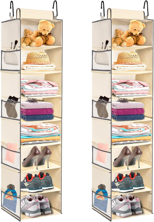 2 Pack Large-Sized Hanging Shoe Organizer 8-Shelf, Hanging Closet Organizer with 8 Side Pockets, Wider Hanging Shelves for Storage Shoes Clothes 9" W × 11.8" D× 48" H, Beige.