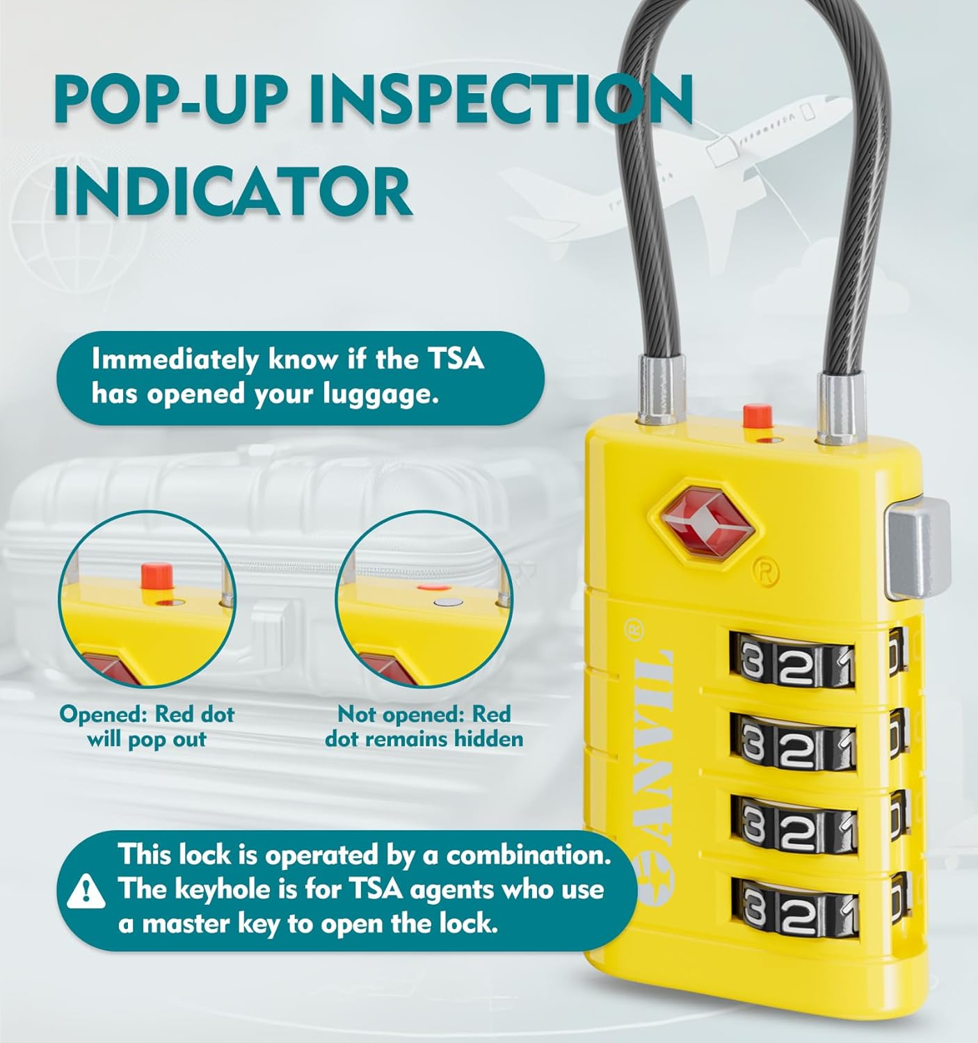ANVIL 4 Digit Luggage Locks, TSA Locks for Luggage, Advanced TSA008 core, Alert Indicator for Your Travel Lock, Suitcase Lock.(2, Yellow)