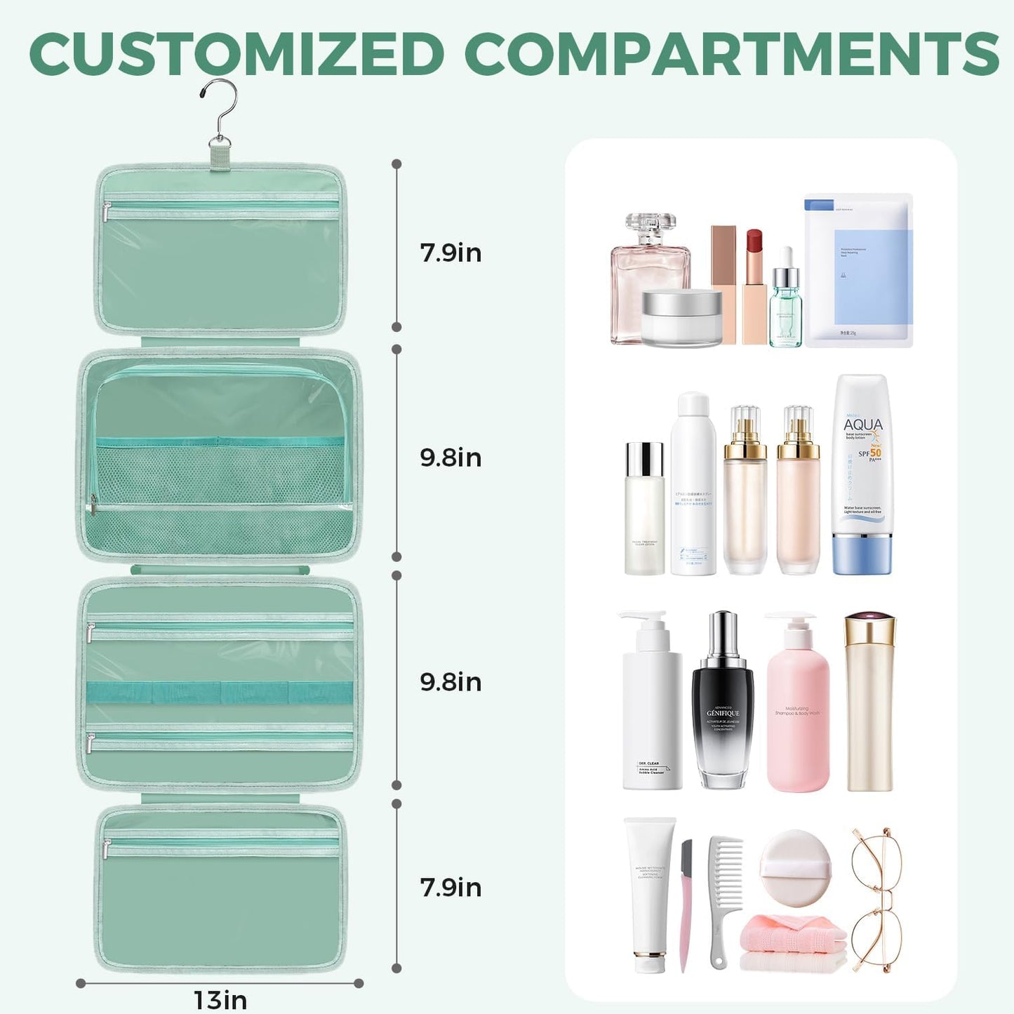 Toiletry Bag For women,Portable Hanging Organizer,4 Leakproof Compartment for full-sized Conditioner, Brushes Set, Makeup Accessories,Visible and easy to access.L-mint