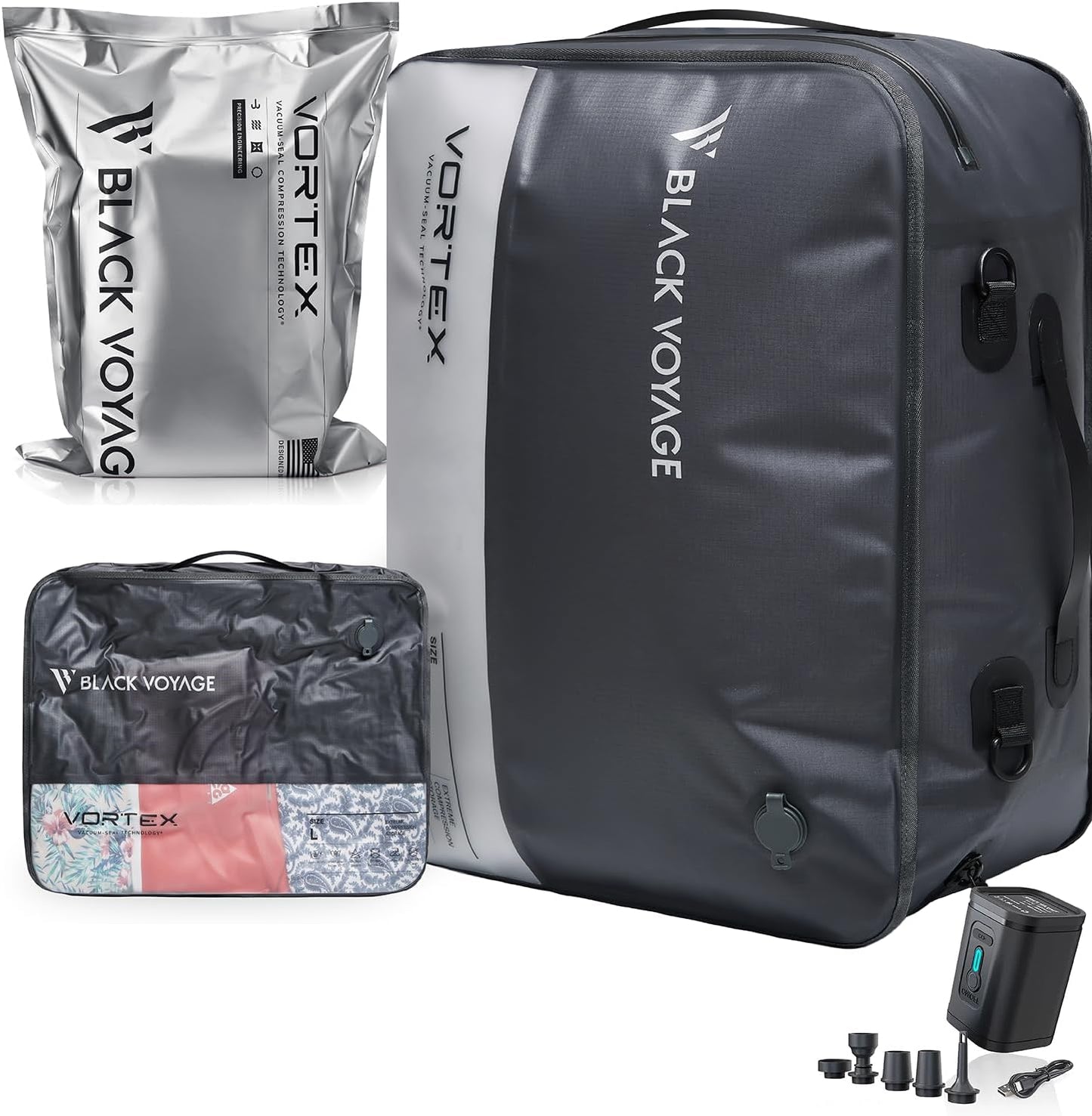 Black Voyage Reusable Vacuum Compression Travel Bag for Carry-On Suitcase and Backpack, Recycled IP67 Waterproof Space Saver Vacpack (2-Pack, 18L - Pump Included)