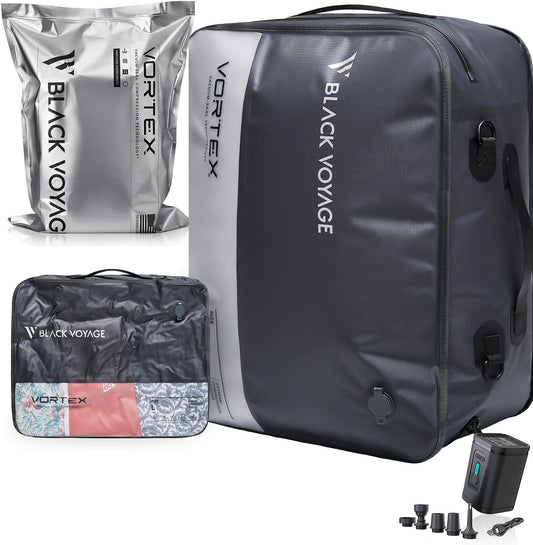 Black Voyage Reusable Vacuum Compression Travel Bag for Carry-On Suitcase and Backpack, Recycled IP67 Waterproof Space Saver Vacpack (2-Pack, 18L - Pump Included)
