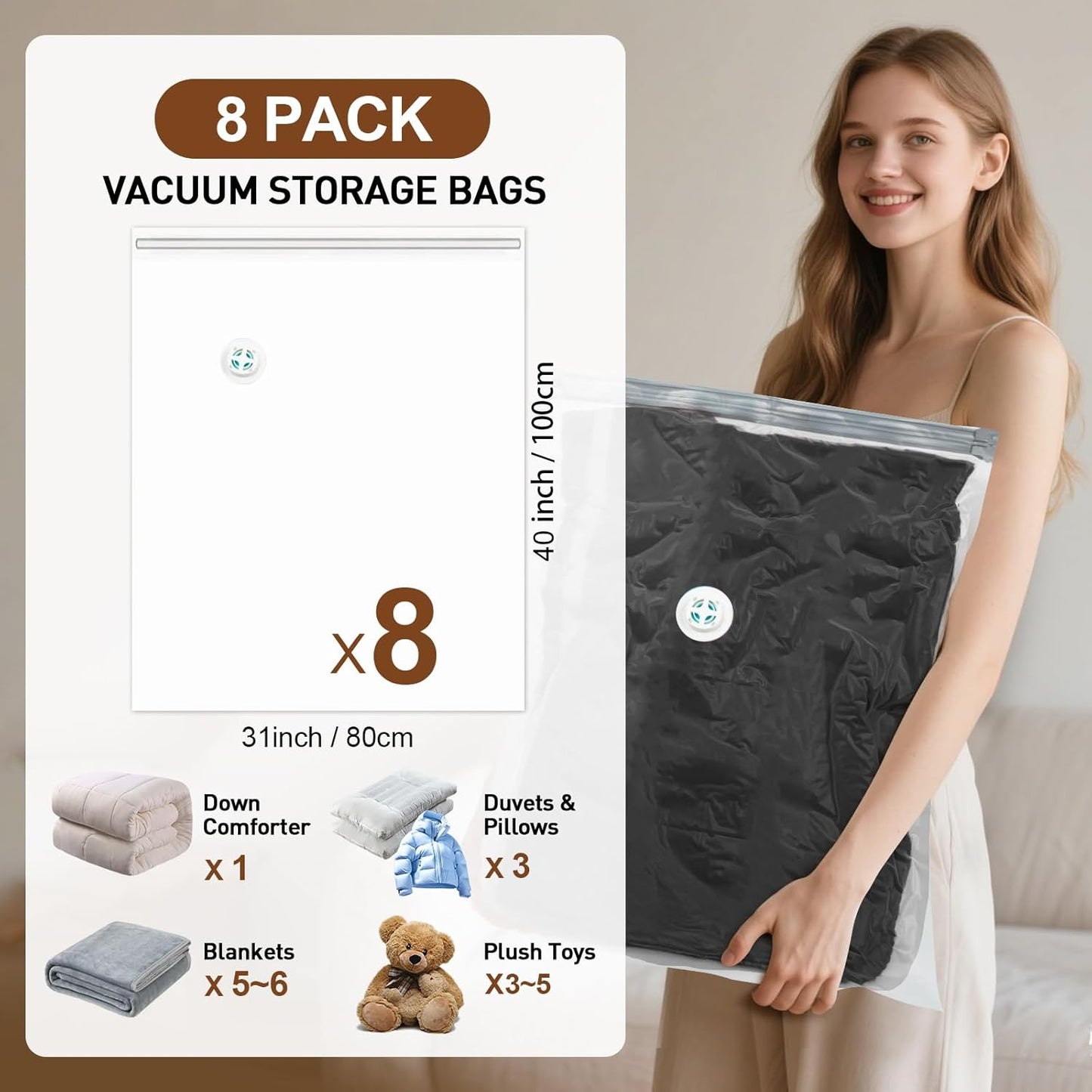 8 Pack Vacuum Storage Bags for Comforters and Blankets, Jumbo 40x31 Inch Vacuum Seal Bags, Space Saver Bags for Bedding, Clothes, Pillows, Reduces Closet Space, With Electric Pump
