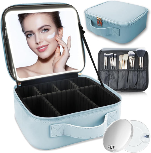Makeup Bag with Led Mirror,Travel Makeup Organizer with 3 Color Setting & 10X Magnifying Mirror, Portable Storage and Adjustable Dividers Travel Makeup Bag-baby blue