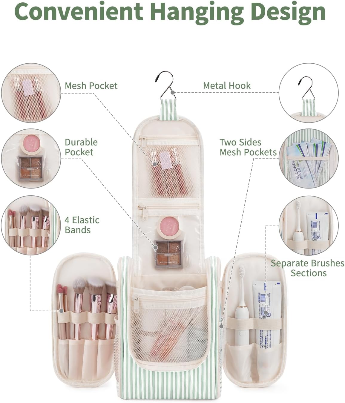 Narwey Small Striped Hanging Travel Toiletry Bag for Women, Travel Bag for Toiletries, Makeup Bag Organizer Cosmetic Bags Make Up Bags for Women (Mint Green Stripe)