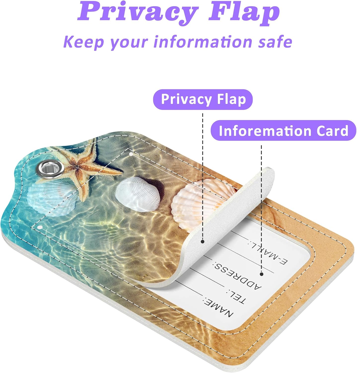 Luggage Tags for Suitcase Starfish and Seashell in Sea Water 2 PCS Leather Travel Cruise Luggage Tag with Stainless Steel Loop Name ID Label Privacy Cover for Women Men Travel Bag Labels Set