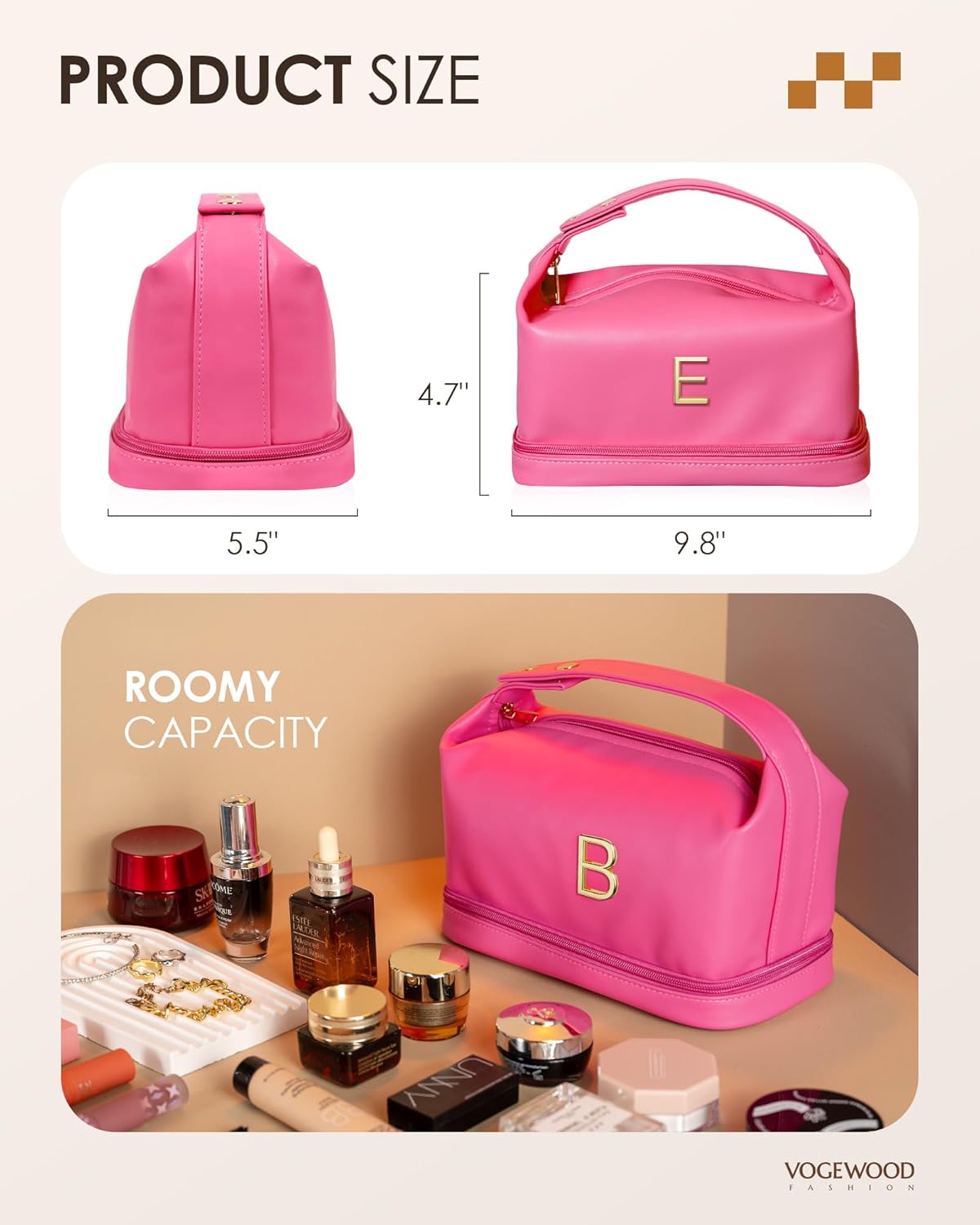 Tween Girls Birthday Women Gift, Personalized Makeup Bag with Handle, Initial Double Layer Cosmetic Bag with Makeup Brush Organizer, Cute Cosmetic Pouch for Women, Gifts for Friends Female