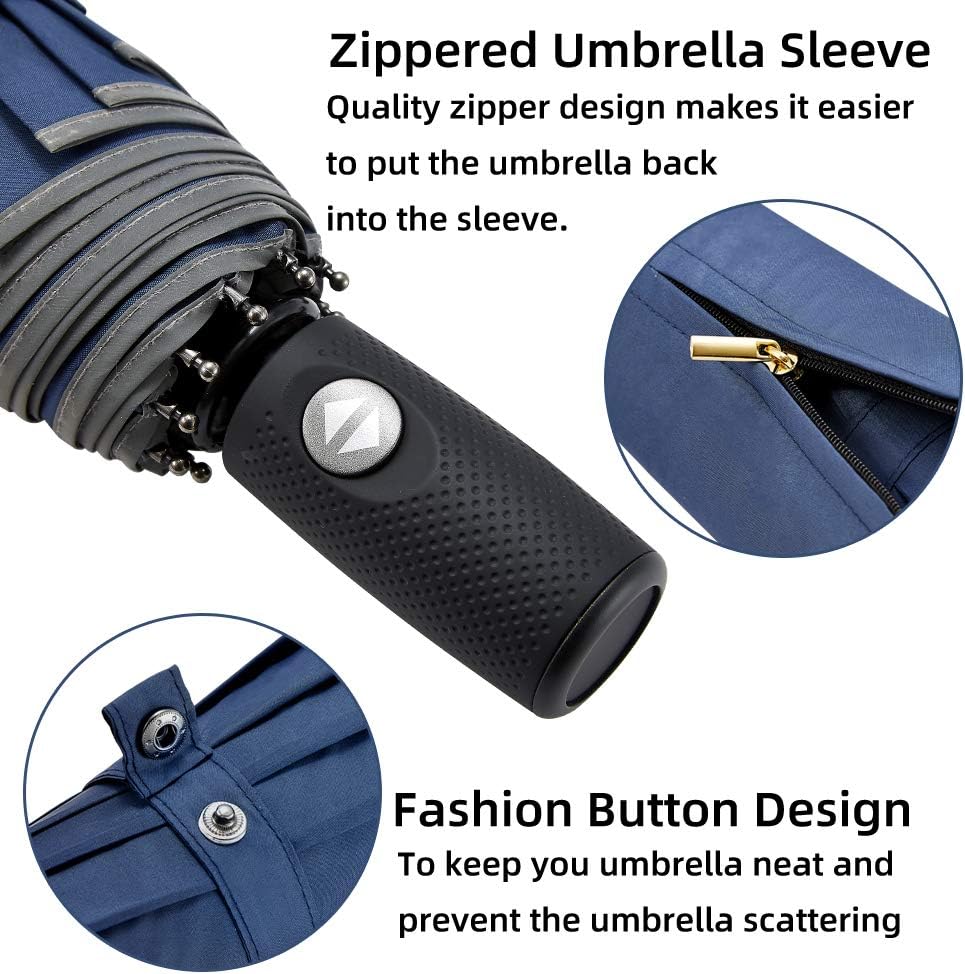 FDJASGY Windproof Travel Umbrella with Teflon Coating Auto Open Close Lightweight Sun&Rain Umbrella with 10 Rib Construction and Reflective Stripe Zipper Pouch
