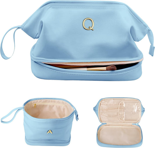 Bridesmaid Gift, Initial Makeup Bags, Personalized Double Layer Cosmetic Bag with Makeup Brush Organizer, Waterproof, Large Capacity PU Leather Travel Toiletry Bag