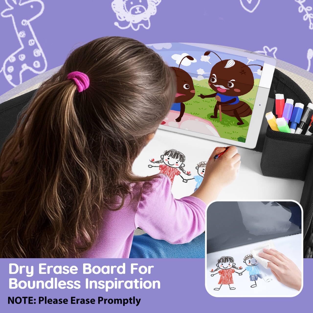 Kids Travel Tray, Kids Travel Trays for Car Seat, Road Trip Essentials for Toddler, Carseat Lap Tray with Dry Erase Board & Storage Organizer for Road Trip Activities for Kid, Black