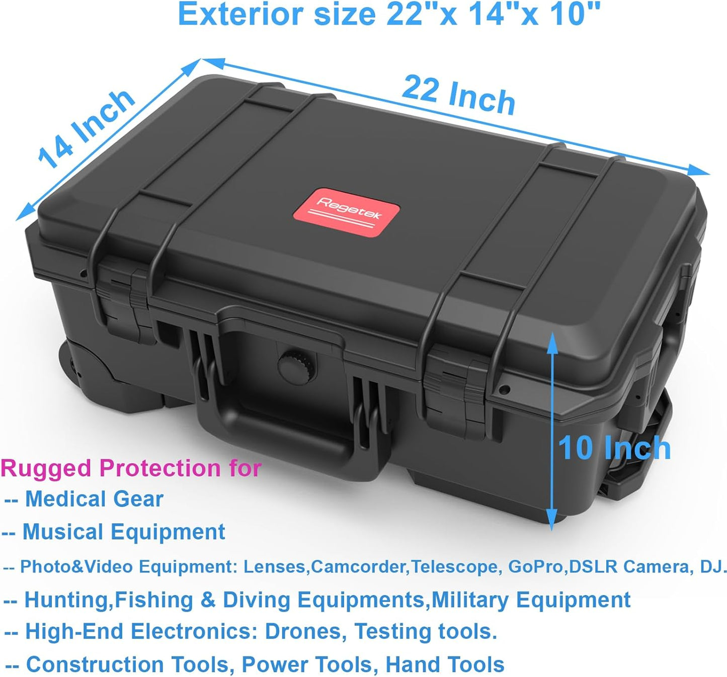 Waterproof Travel Camera Hard Case with Padded Divider, 22 x 14 x 10 Inch, Rolling Case for Camera, Gear, Equipment, Dustproof, Shockproof,Airline Carry-On Approved, Inner 19.8"x 10.9" x 6.8"