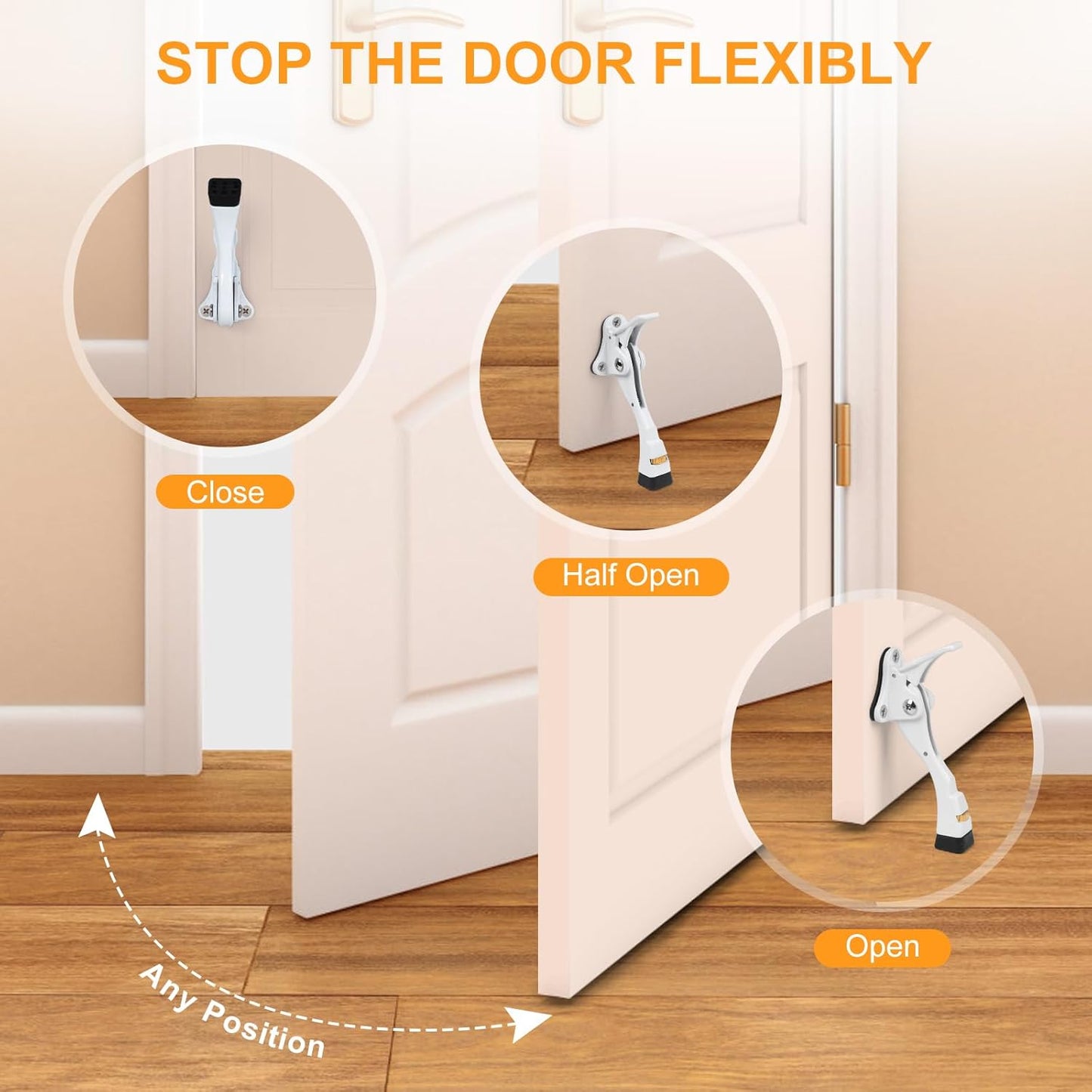 2 Packs Heavy Duty Kickdown Door Stopper, One Touch Adjustable Kickdown Door Stop for Heavy Doors, 4 in Metal Door Kickstand with Rubber Tip & Wall Protectors for Wide Doors- White