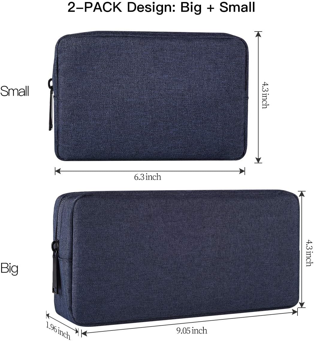 2-Pack Portable Storage Pouch Bag, Universal Electronics Accessories Case Cable Organizer Compatible with Hard Drive, Laptop Mouse, Power Bank, Adapter, Cellphone, Cosmetics (Small+Big-Navy Blue)
