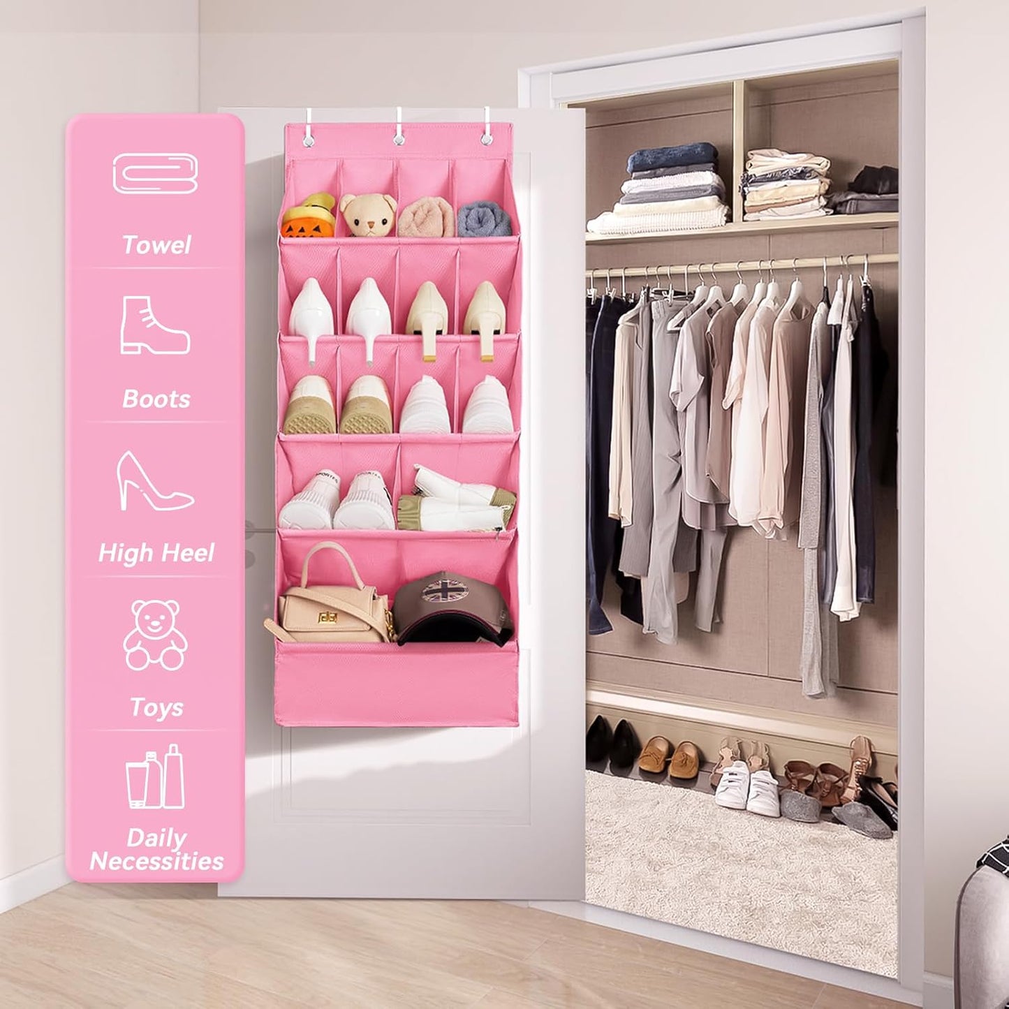 FENTEC 1 Pack Over-the-Door-Shoe-Organizers, Hanging Shoe Organizers with Large Pocket Shoe Holder Hanging Shoe Rack for Closet Shoe Organizer for Wall, Over Door Organizer with 15 Pockets Pink