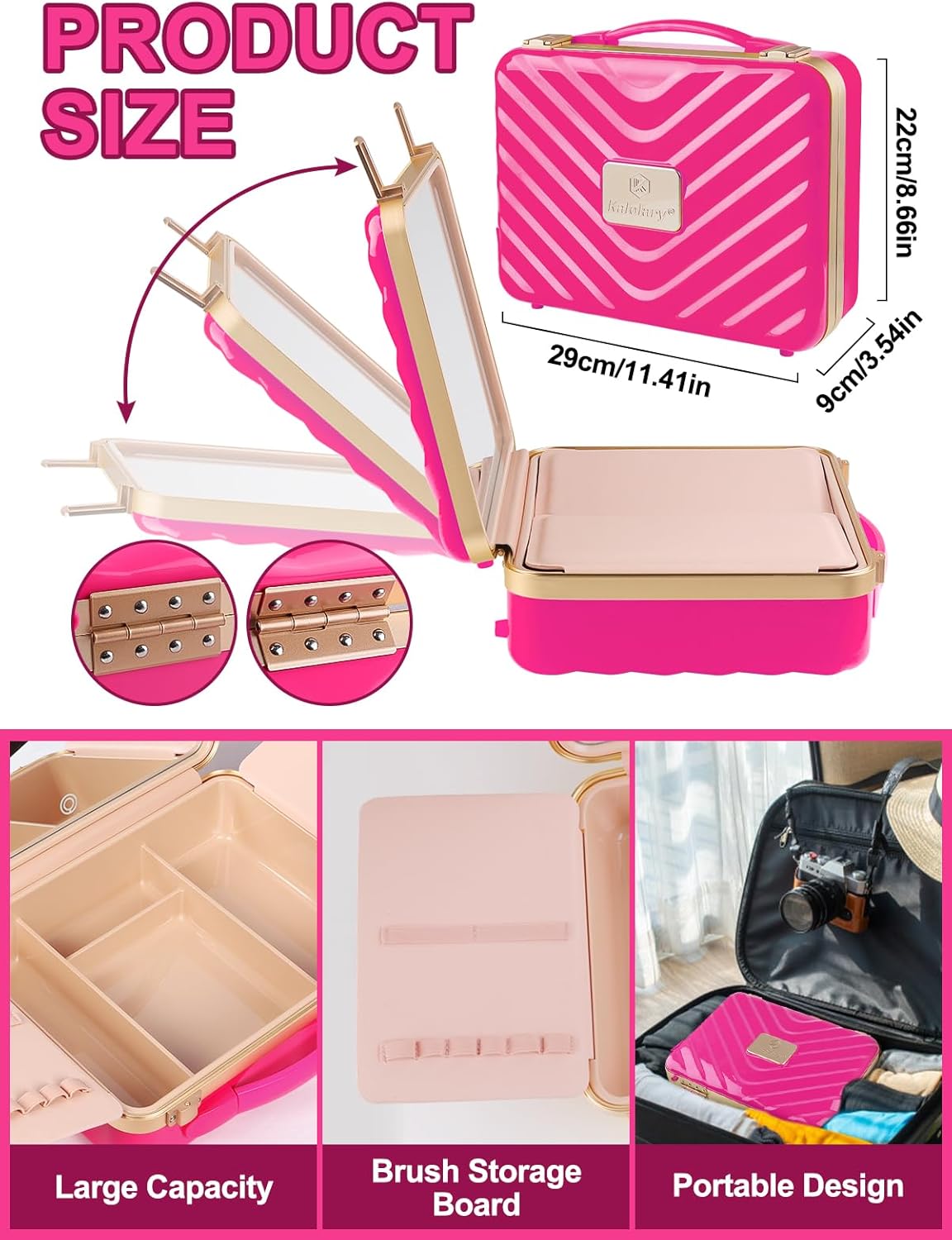 Kalolary Travel Makeup Train Cases with Lighted Mirror 3 Color Setting, Makeup Bag Cosmetic Case Organizer Adjustable Brightness Portable Makeup Storage Box with Detachable 5X Magnifying Mirror, Pink