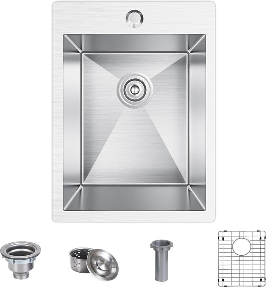 15x20 inch Drop in Bar Sink, 15 inch Small Kitchen Sink 18 Gauge Single Bowl Stainless Steel Topmount Bar Sink with Basket Strainer Drain & Bottom Grid