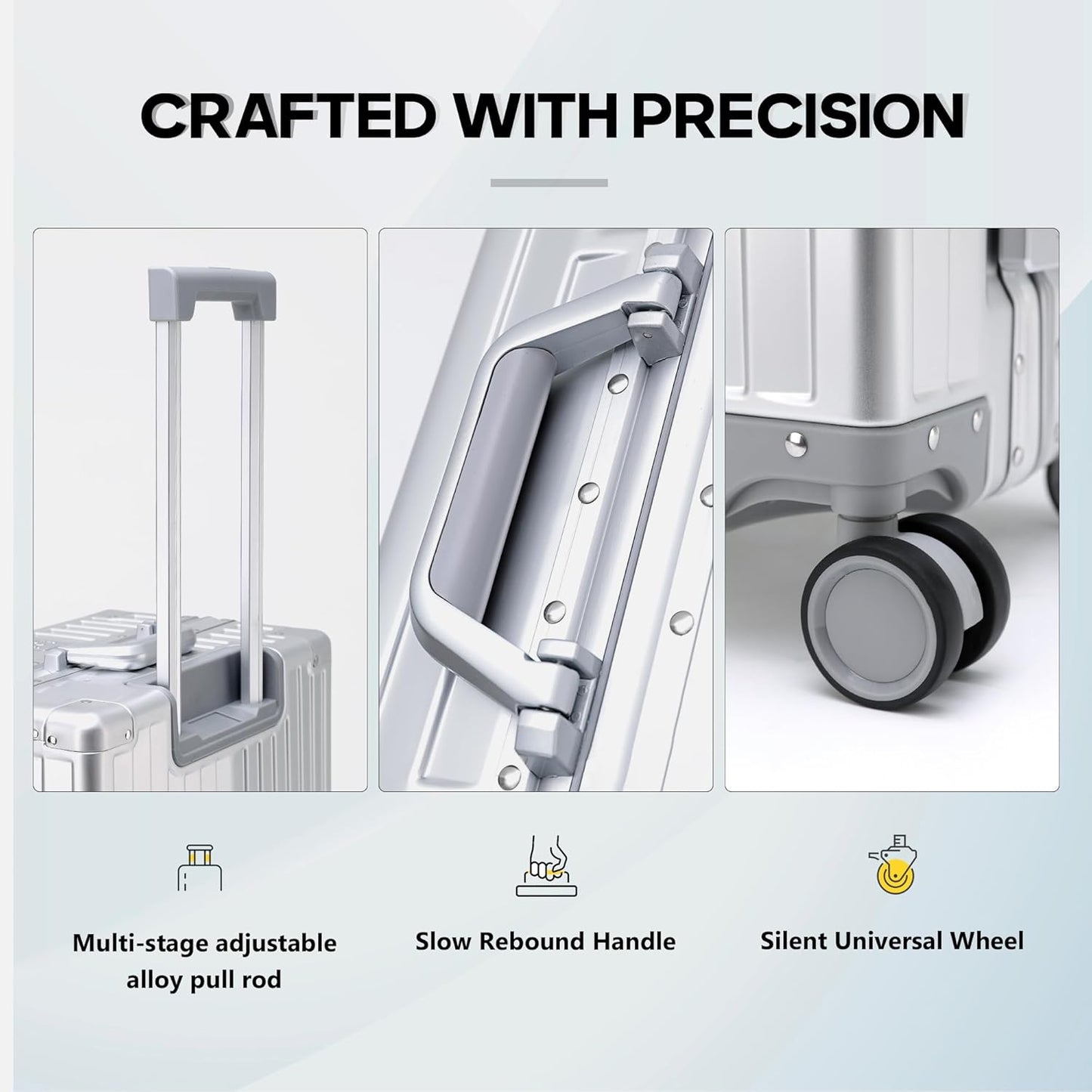 YYW Aluminum Carry-On Luggage Airline Approved Lightweight Suitcase with TSA Lock and Silent Wheels, Hardshell Spinner Business Travel (silver, 24in)