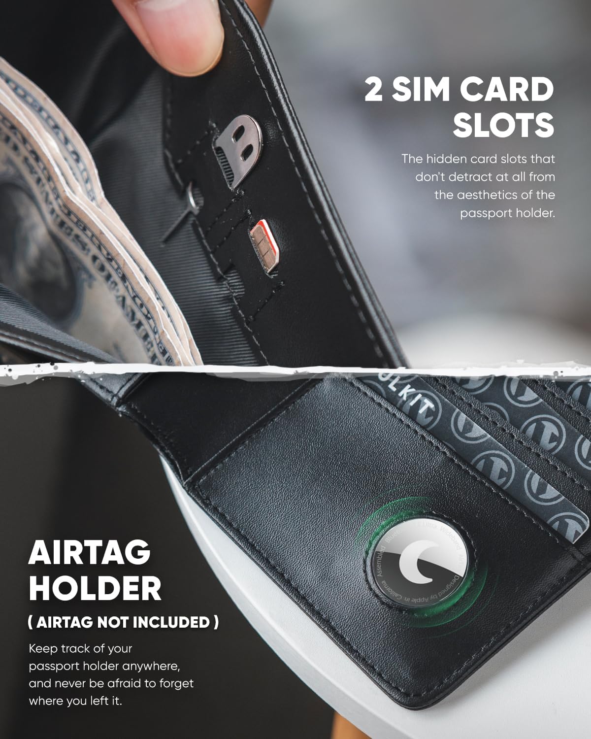 VULKIT Passport Holder with Airtag Holder RFID Blocking Passport Wallet Travel Leather Passport for Women(Iron Black)