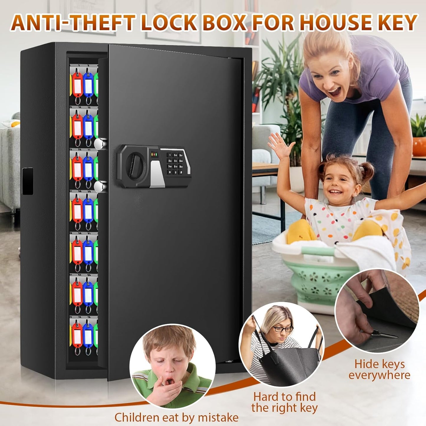 144 Keys Fireproof Cabinet Safe With Adjustable Hook Plates and Tags, Anti-Theft Lock Box Wall Mount With Combination Lock, Organizer for Home Office Garage