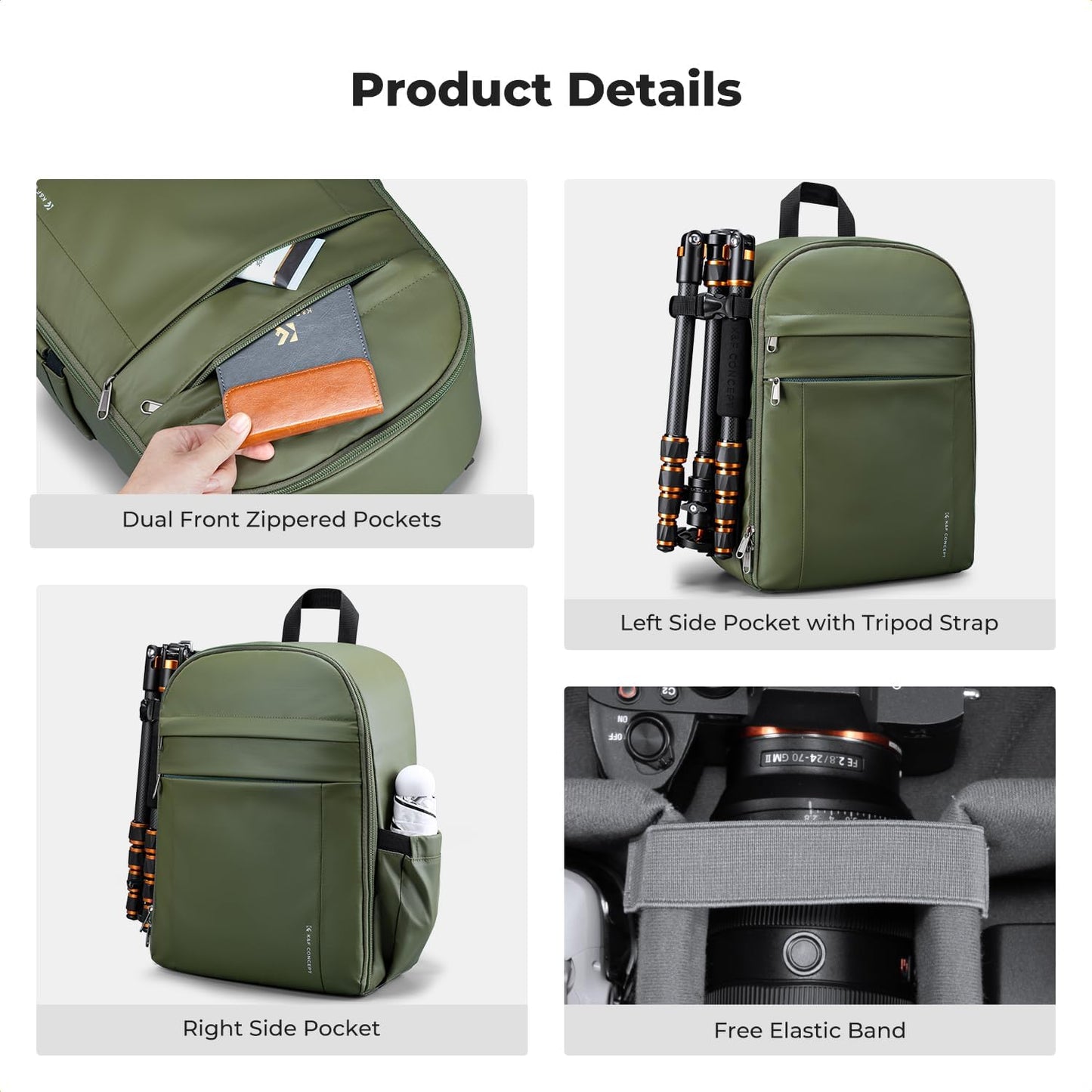 K&F CONCEPT Camera Backpack Bag, Professional DSLR/SLR/Mirrorless Camera Bag with Tripod Holder & Rain Cover, Waterproof Photography Camera Case Compatible with Canon/Sony/Nikon/FUJIFILM