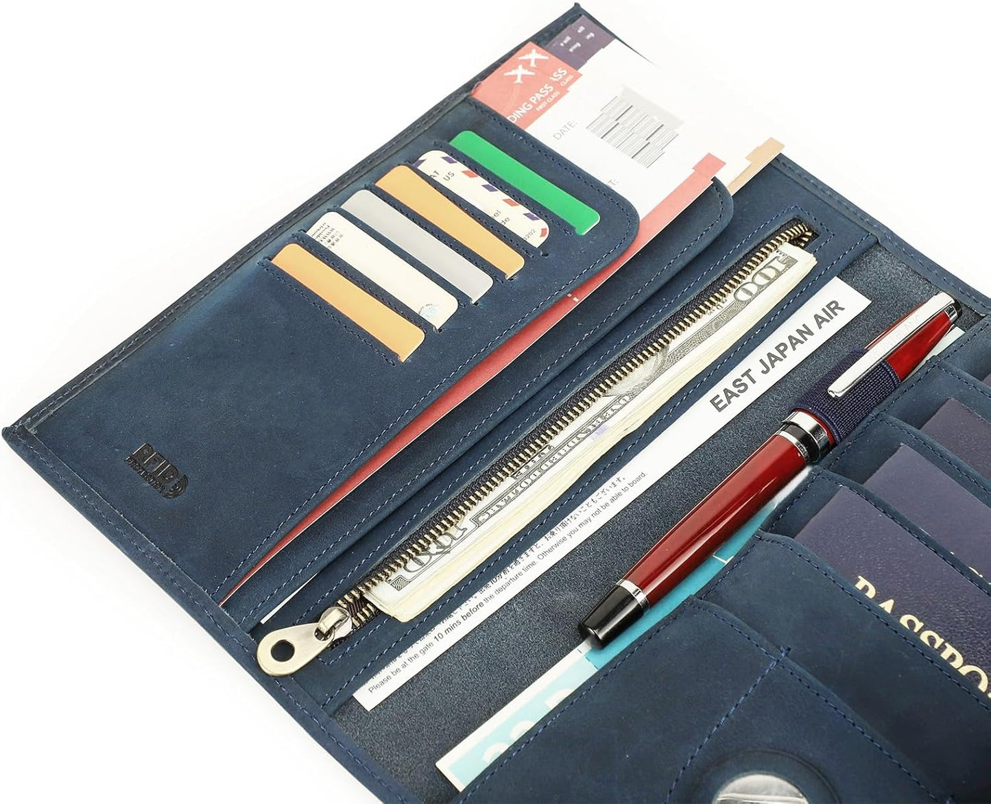 CONTACTS Full Grain Leather Family Passport Holder for 4 Airtag Passport Wallet RFID Blocking Travel Passport Cover with 4 Passport Slot, 6 Card Slot (Blue)