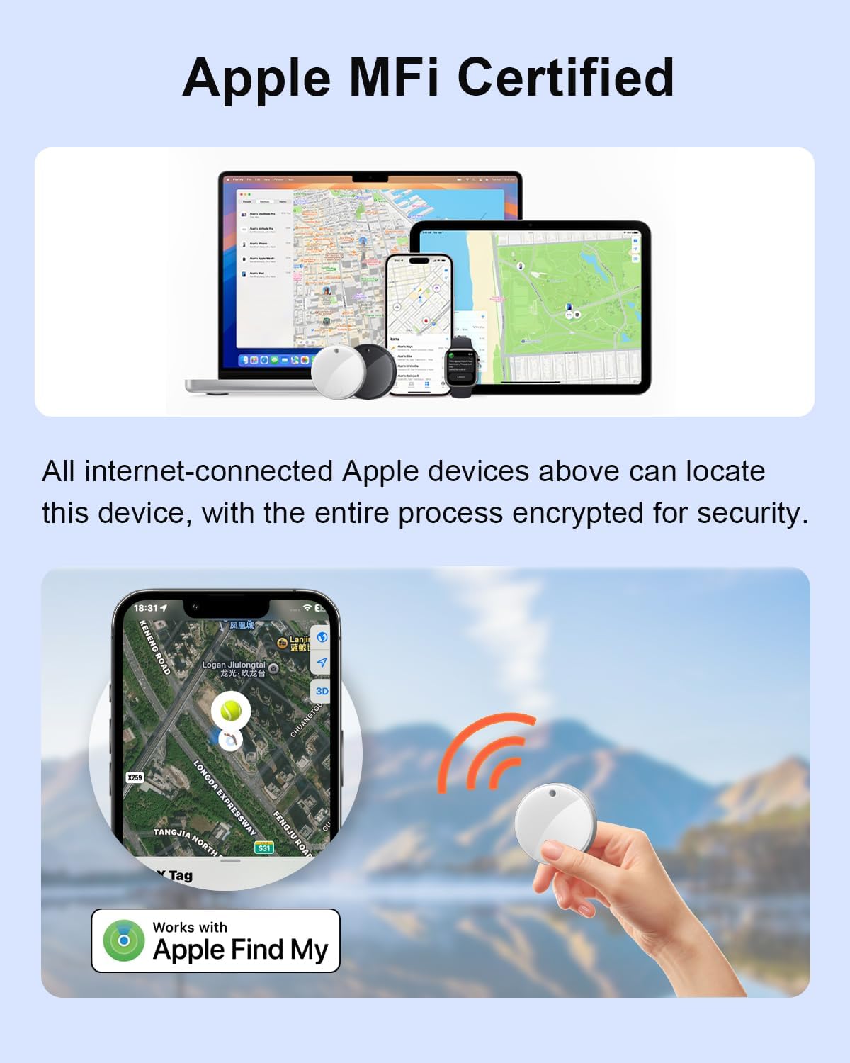2025 Bluetooth Tracker Smart Finder for Apple Find My[Apple MFi Certified，iOS Only], iPhone Tags Key Finder Luggage Tracker for Bags, Luggage, Wallet, Bicycle, Replaceable Battery