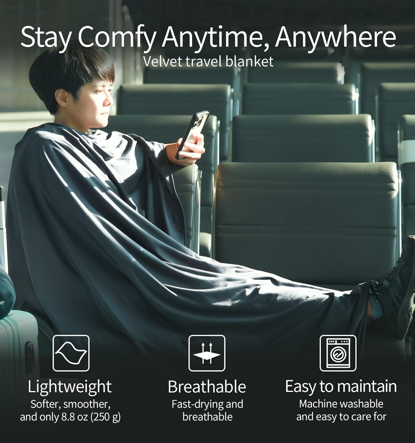 Travel Blanket Lightweight and Breathable, 67 x 48 in Soft Airplane Flight Blanket for Travelers, Foldable Camping Sheet with Stuff Sack for Train, Camp, backapcking, office, home (Velvet E650)