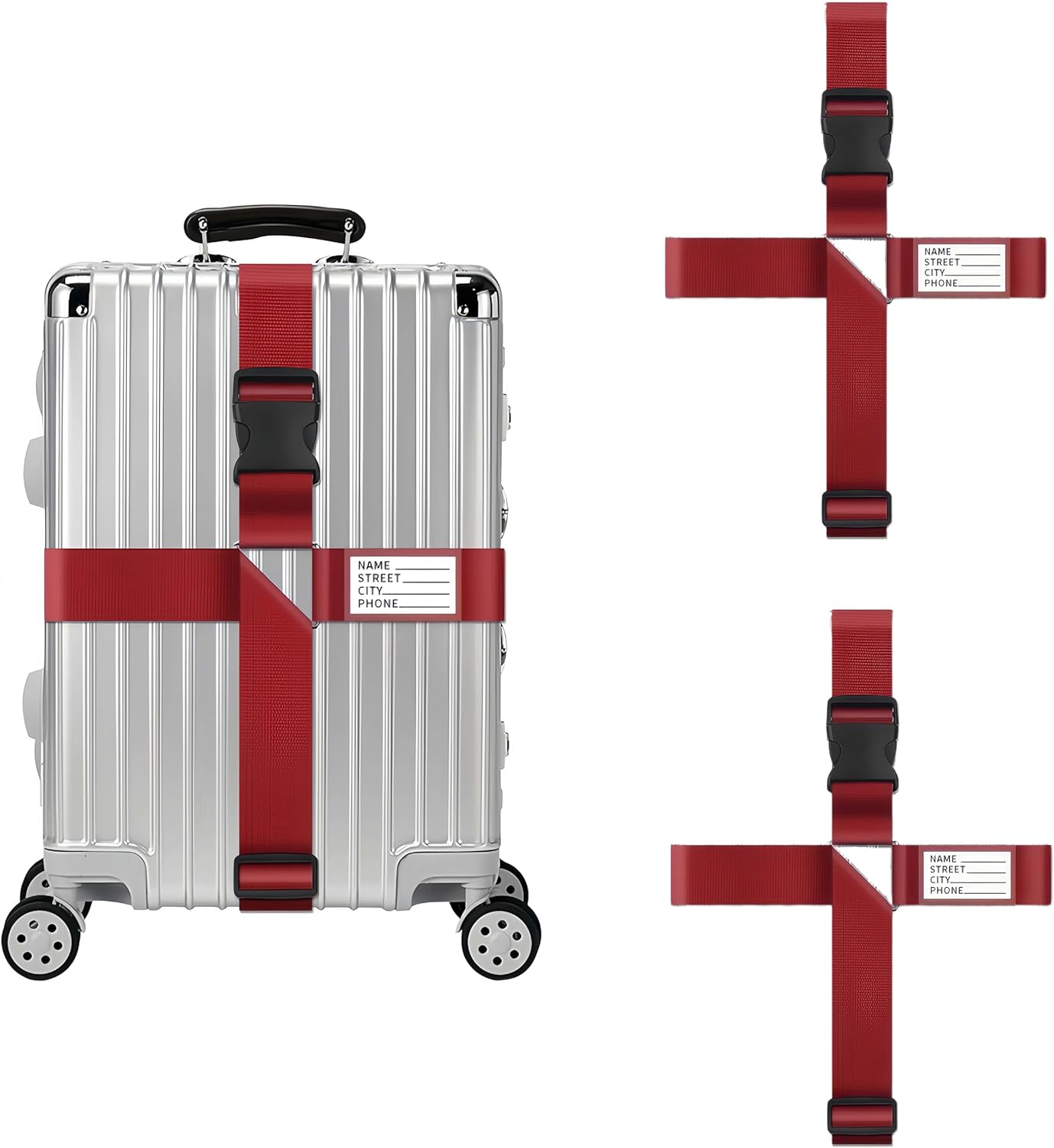 2-Pack Adjustable Luggage Straps for Suitcases – 2-Inch Wide Cross Travel Belt for 20"-32" Carry-On, Large & Collapsible Luggage – Durable Seatbelt Material, Suitcase Belts & Connector Straps (red)