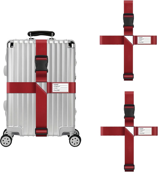 2-Pack Adjustable Luggage Straps for Suitcases – 2-Inch Wide Cross Travel Belt for 20"-32" Carry-On, Large & Collapsible Luggage – Durable Seatbelt Material, Suitcase Belts & Connector Straps (red)