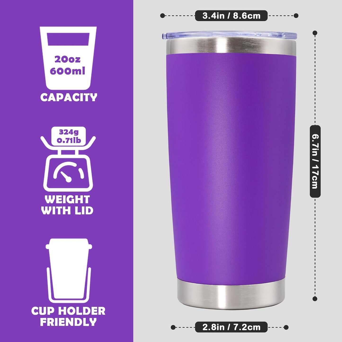 20oz Tumbler Bulk Stainless Steel Tumbler Cup with Lid Vacuum Insulated Double Wall Travel Mug, Durable Powder Coated Travel Coffee Tumbler Mug for Hot & Cold Drinks, Purple,12 Pack