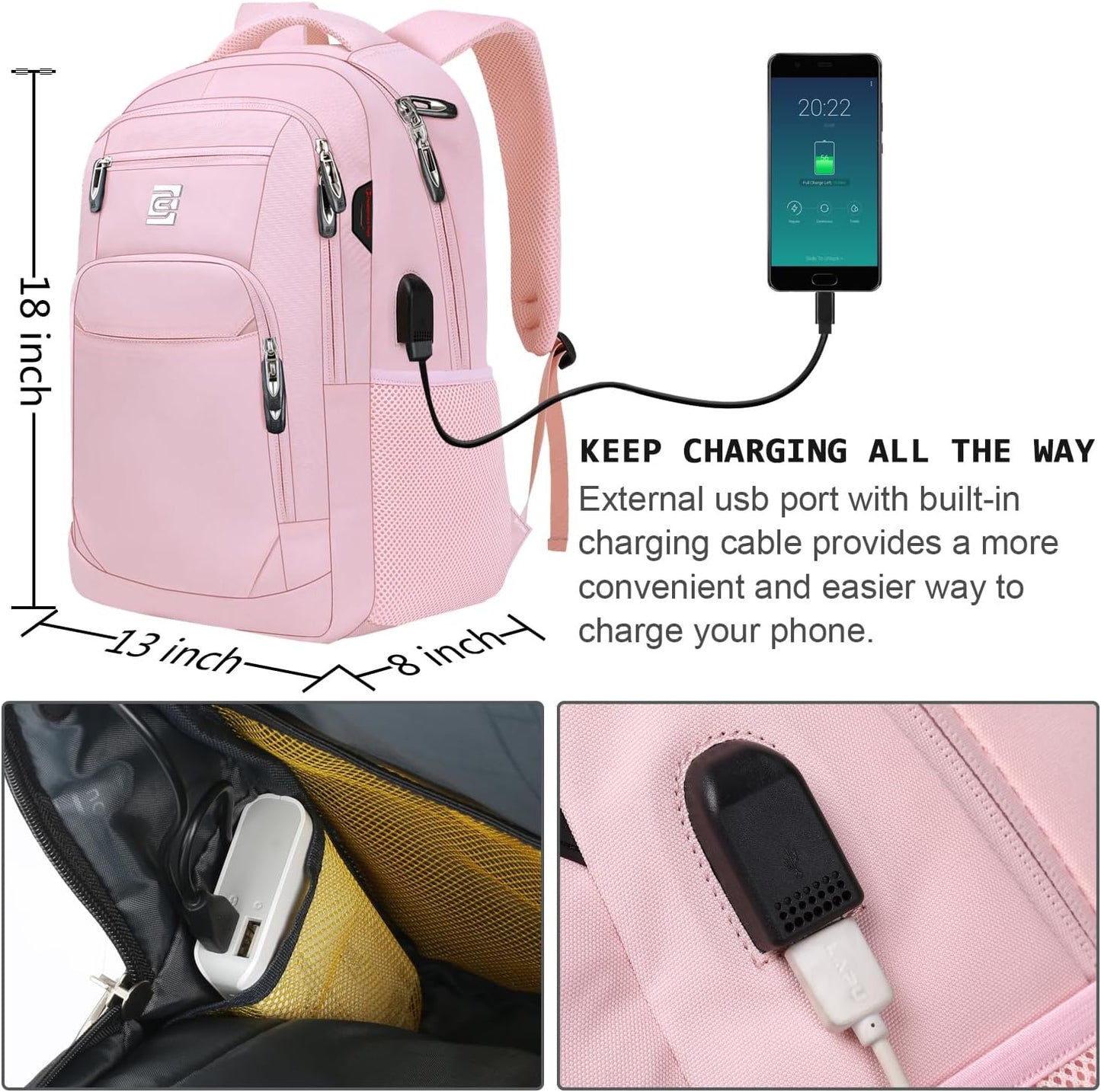 Laptop Backpack,Business Travel Anti Theft Slim Durable Laptops Backpack with USB Charging Port,Water Resistant College Computer Bag for Women & Men Fits 15.6 Inch Laptop and Notebook-Light Pink