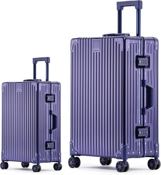 Metal All Aluminum Carry-on Luggage TSA Customs Lock Zipperless Silent Rotary Wheel Business Suitcase Aluminum Frame Set (blue, 2Piece(20/28))