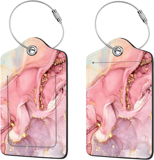 2 Pcs Luggage Tags for Suitcase, Cute Unique PU Leather Travel Bag Tag with Privacy Cover ID Label Address Card and Durable Metal Ring Suitable for Men Women Children Backpack,Pink Marble